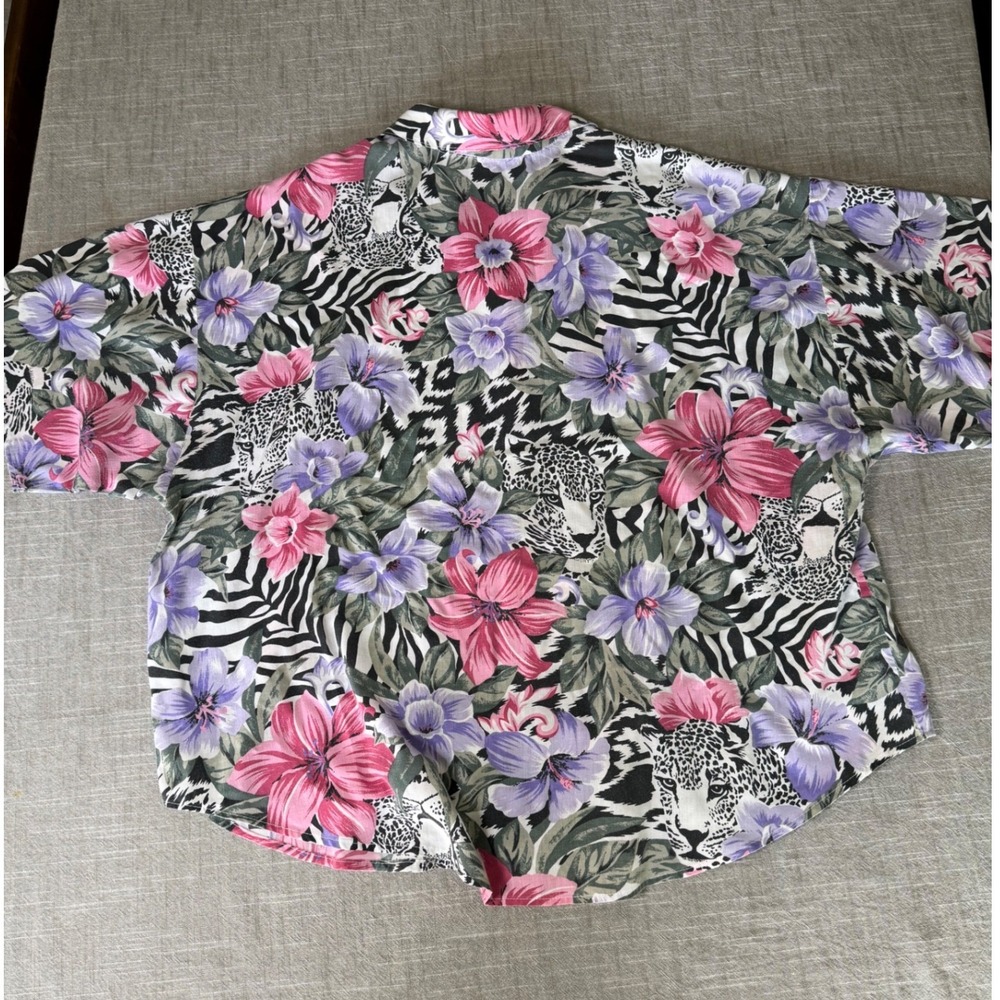 Ms Caribou Vintage Safari Print Floral Blouse 2X Leopard Zebra Tropical Pink 90s - Picture 8 of 9